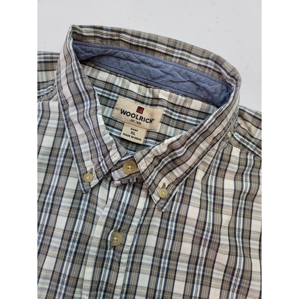 Woolrich Mens XL Short Sleeve Plaid Button Down‎ Shirt Tan Blue Casual Outdoor